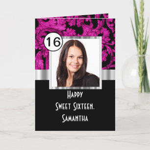 Carte De Remerciements Sweet sixteen magenta et noir damassé