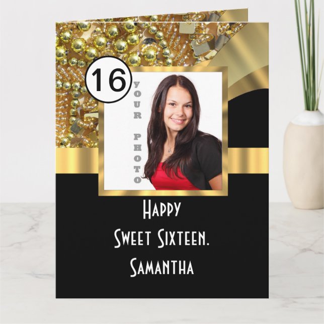 Carte De Remerciements Sweet sixteen noir et or (Devant)
