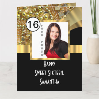 Carte De Remerciements Sweet sixteen noir et or