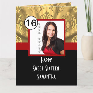 Carte De Remerciements Sweet sixteen noir rouge et or