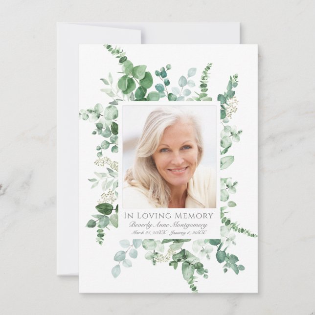 Carte De Remerciements Sympathie Eucalyptus vert Mémorial Photo Argent (Devant)