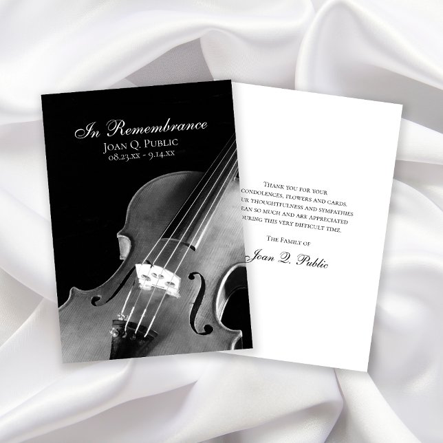 Carte De Remerciements Sympathie funéraire du musicien violon noir blanc (Créateur téléchargé)