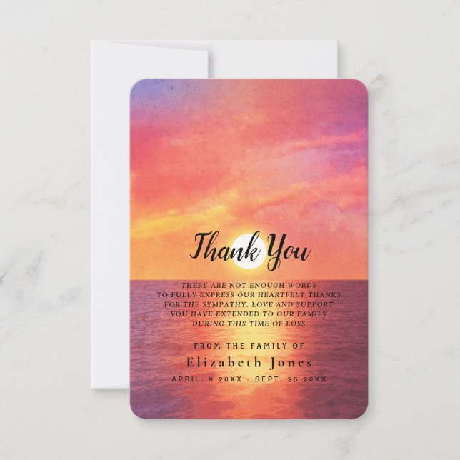 Carte De Remerciements Sympathie Mémoire Sunset Ocean (Devant)