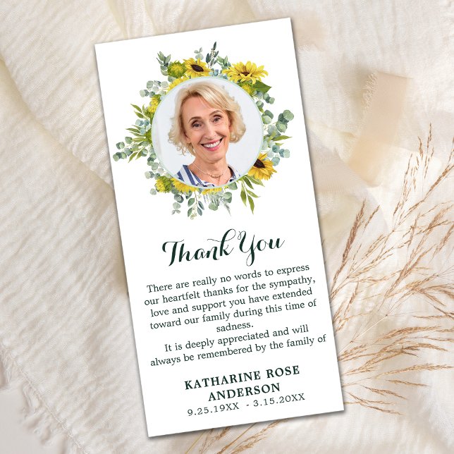 Carte De Remerciements Sympathie photo de tournesol funéraire Eucalyptus (Créateur téléchargé)