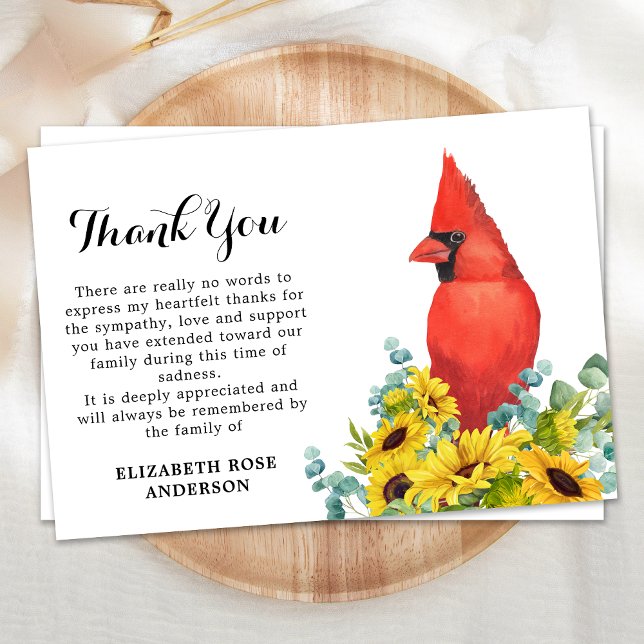 Carte De Remerciements Sympathie pour le Cardinal Funeral Memorial Sunflo (Créateur téléchargé)