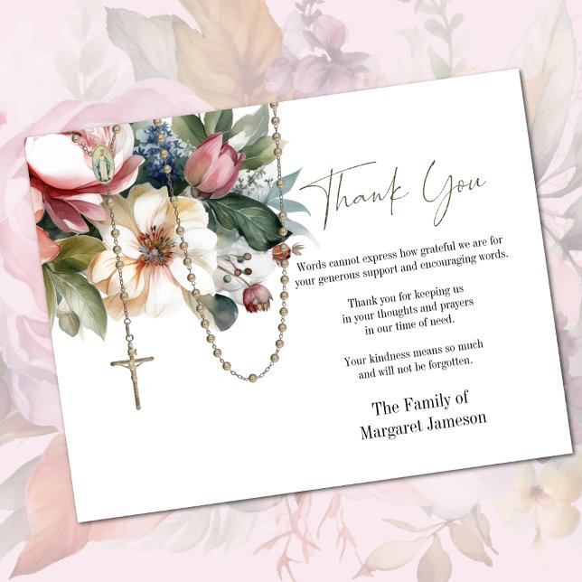 Carte De Remerciements Sympathie pour les funérailles du Rosaire Floral (Traditional Catholic Funeral Memorial Thank You Card)