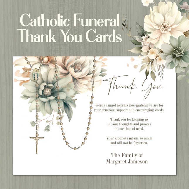 Carte De Remerciements Sympathie pour les funérailles du Rosaire Floral (Traditional Catholic Funeral Memorial Thank You Cards)