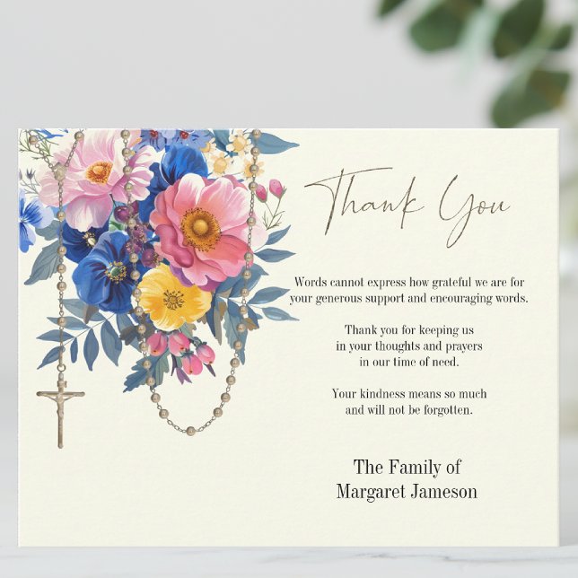 Carte De Remerciements Sympathie pour les funérailles du Rosaire Floral (Créateur téléchargé)