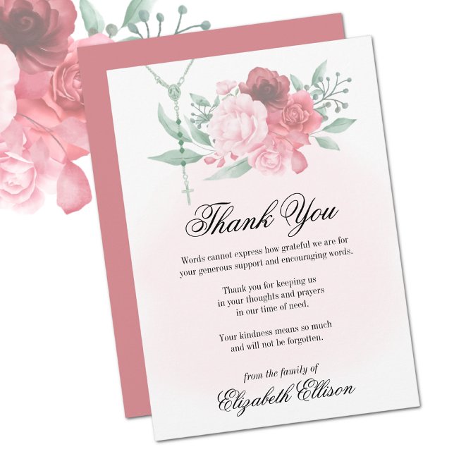 Carte De Remerciements Sympathy Funeral Rosaire Roses (Traditional Catholic Funeral Memorial Thank You  Card)