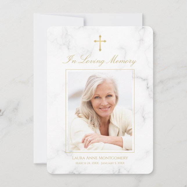 Carte De Remerciements Sympathy Marbre blanc Gold Script Photo Funéraille (Devant)