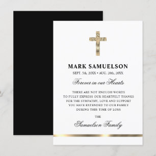 Carte De Remerciements Sympathy Memorial Croix religieuse Blanc Or