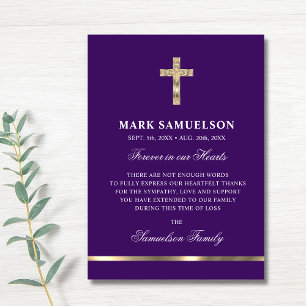 Carte De Remerciements Sympathy Memorial Croix religieuse violet or