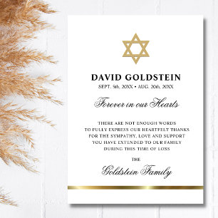 Carte De Remerciements Sympathy Memorial Etoile juive de David White Or