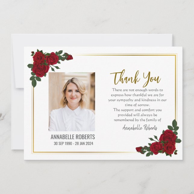 Carte De Remerciements Sympathy Red Roses Golden Borders Photo Funéraille (Devant)