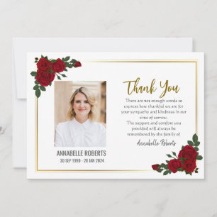 Carte De Remerciements Sympathy Red Roses Golden Borders Photo Funéraille