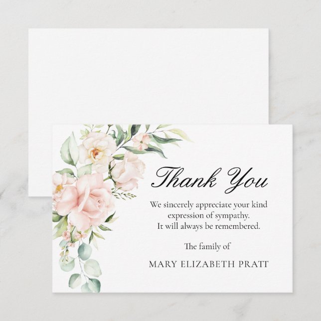 Carte De Remerciements Sympathy rose Floral funéraire (Devant / Derrière)
