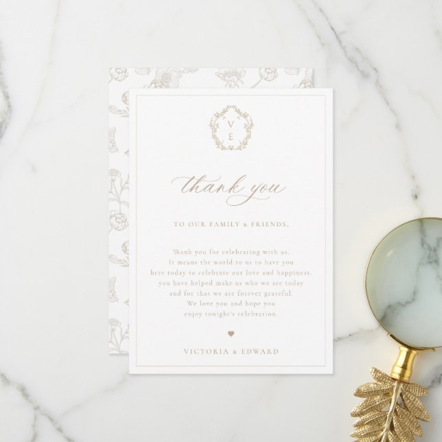 Carte De Remerciements Table de réception de mariage en crête beige vinta (Devant/Arrière en situation)