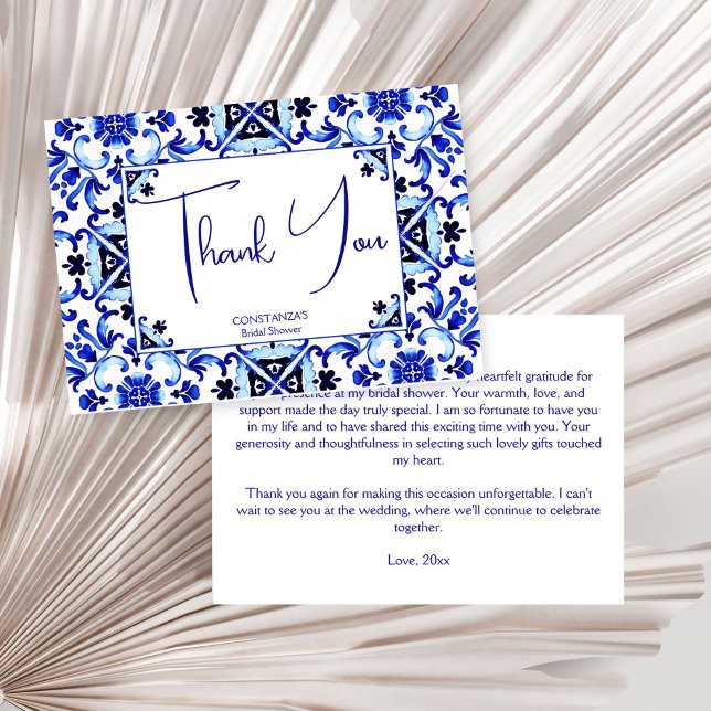 Carte De Remerciements Talavera azulejo bleu tuiles douches nuptiales mex (Talavera azulejo Mexican blue tiles bridal shower Thank You Card maiolica Mediterranean wedding )