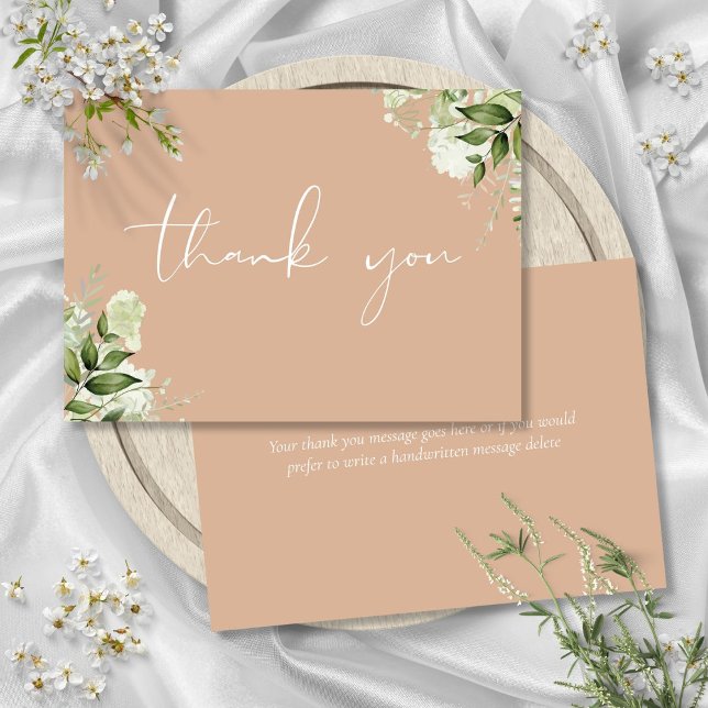 Carte De Remerciements Tan Botanical Green Élégant Script (Tan Botanical Greenery Elegant Script Thank You Card)