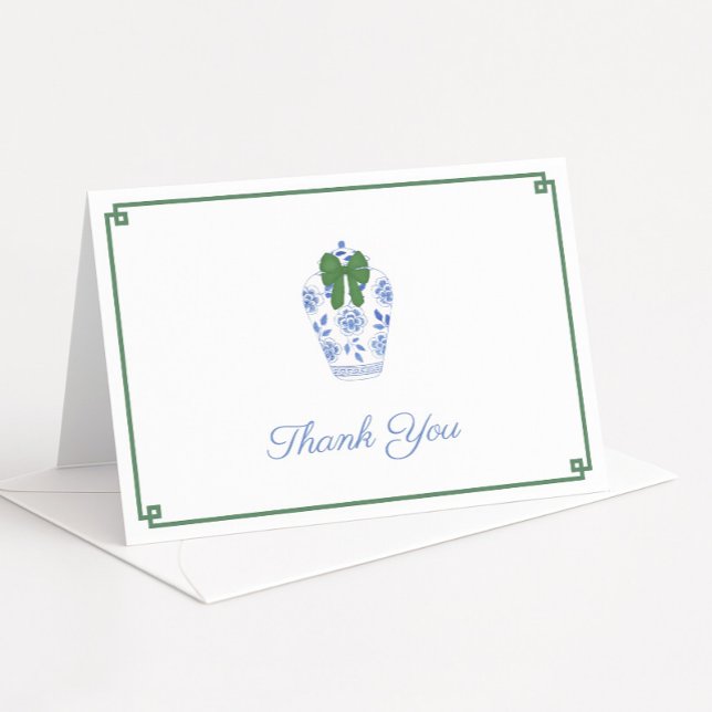 Carte De Remerciements Tartan de Noël élégant à nœud vert pour l'enterrem (Elegant Christmas thank you card design or personal stationery featuring ginger jar with green bow)