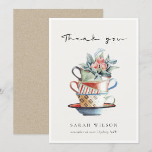 Carte De Remerciements Tasses empilées Fleurs de thé pastel rouge bleu Pa