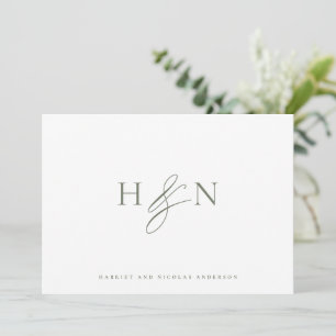 Carte De Remerciements Taupe Green Elegant Mariage Monogramme