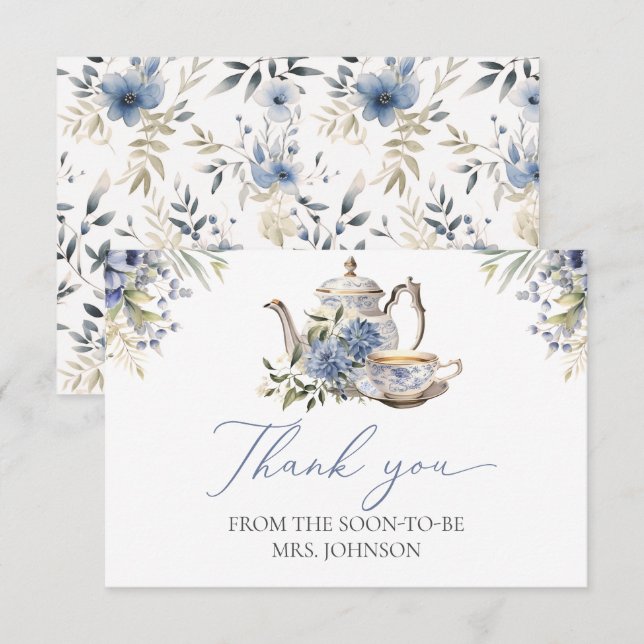 Carte De Remerciements Tea Party Blue Floral Aquarelle Fête des mariées (Devant / Derrière)