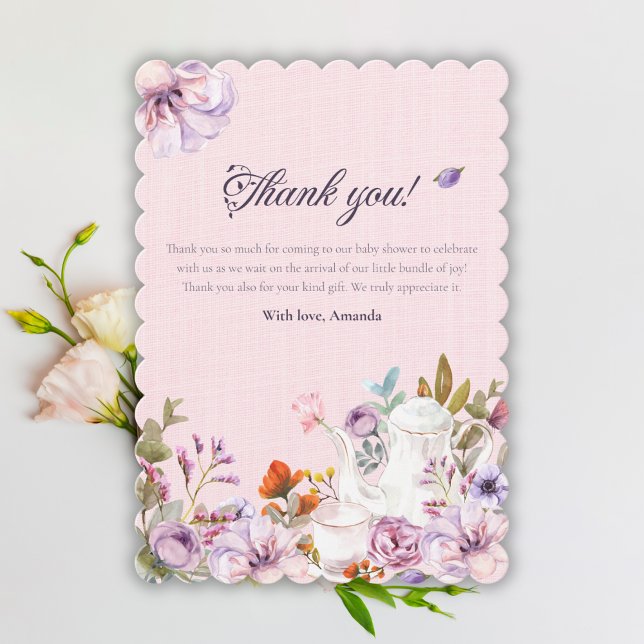 Carte De Remerciements Tea Party Pink Aquarelle Baby shower Fleurs (Créateur téléchargé)