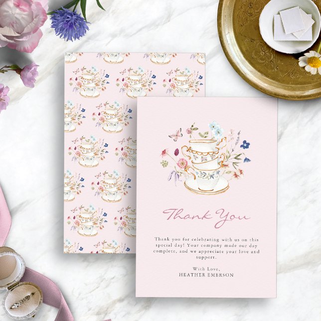 Carte De Remerciements Tea Party rose (Blush Pink Tea Party Thank You Card with Butterfly by Painted Paperie
)