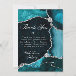Carte De Remerciements Teal et Faux Glitter Agate Silver Sweet 16