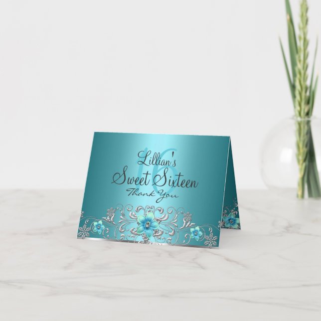 Carte De Remerciements Teal Silver Floral Swirl Sweet 16 (Devant)