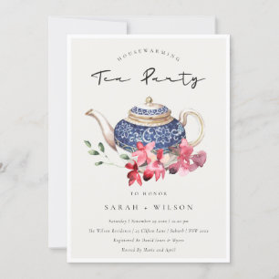 Carte De Remerciements Teapot bleu Floral Houseéchant Tea Party Invitatio