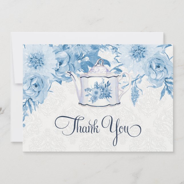 Carte De Remerciements Teapot Remerciement Note Flore Bleue Dusty et Blan (Devant)