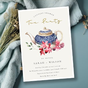 Carte De Remerciements Teapot Rouge Floral Couples Douche Tea Party Invit