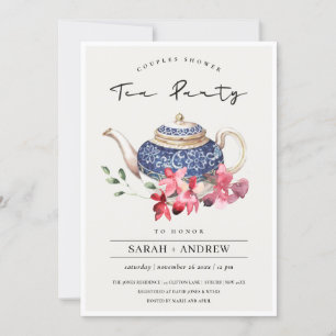 Carte De Remerciements Teapot Rouge Floral Couples Douche Tea Party Invit