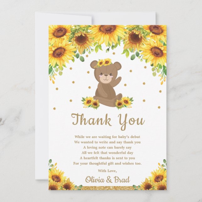 Carte De Remerciements Teddy Bear Baby shower de tournesol Anniversaire (Devant)
