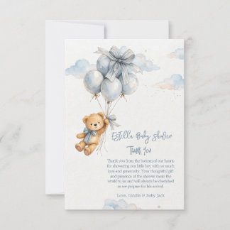 Carte De Remerciements Teddy Bear Blue Balloons bow Baby Boy