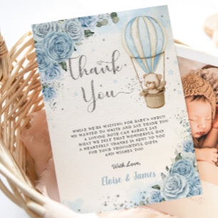 Carte De Remerciements Teddy Bear Hot Air Balloon Blue Floral Baby shower
