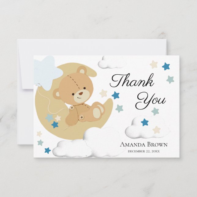Carte De Remerciements Teddy Bear Love Baby Boy Douche | (Devant)