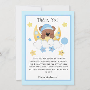 Carte De Remerciements Teddy Bear Lune Stars Nuages Bébé Garçon Douche