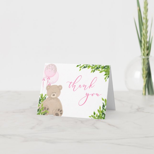 Carte De Remerciements Teddy Bear Pink Balloon Greenery Girl Baby Shower (Devant)