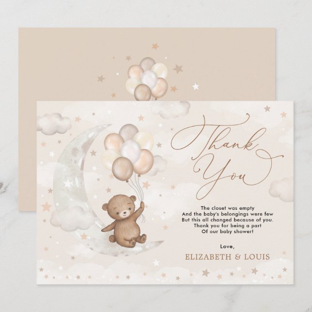 Carte De Remerciements Teddy Bear sur Cresent Moon | Étoiles de nuages de (Devant / Derrière)