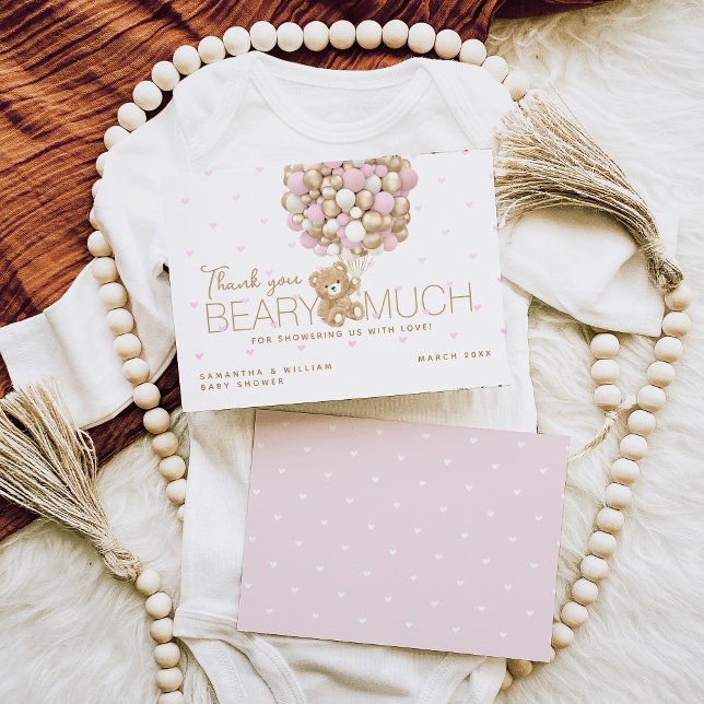Carte De Remerciements Teddy Ours Rose Coeur & Balloon Baby Girl Douche (Créateur téléchargé)