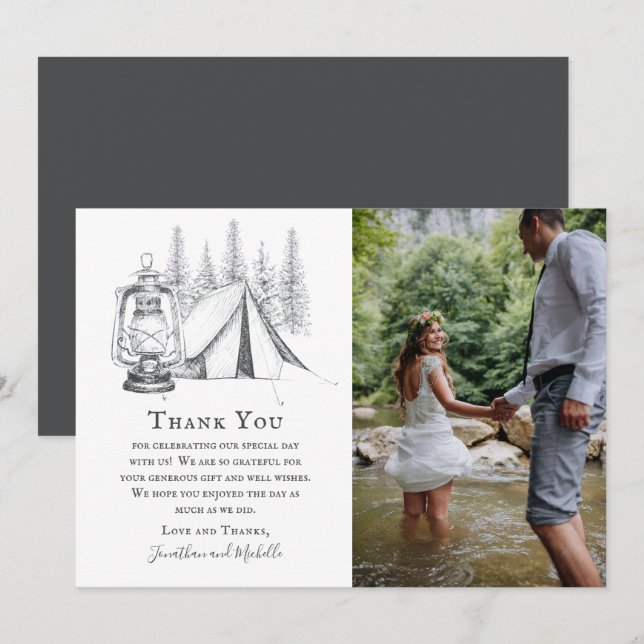Carte De Remerciements Tente, lanterne et bois croquis Mariage de camping (Devant / Derrière)