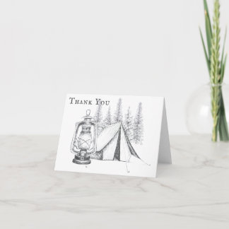 Carte De Remerciements Tente, lanterne et bois croquis Mariage de camping