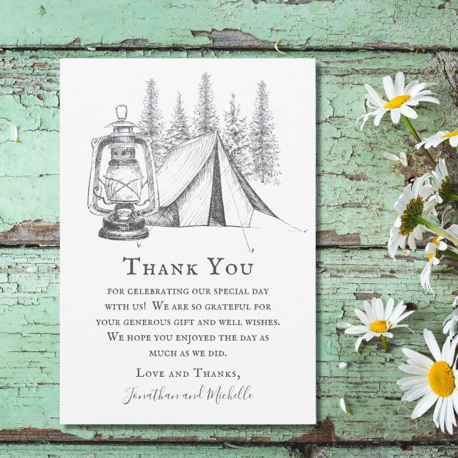 Carte De Remerciements Tente, lanterne et bois croquis Mariage de camping (Créateur téléchargé)