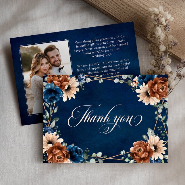 Carte De Remerciements Terracotta Marine Bleu Vert Mariage géométrique (Terracotta Navy Blue Greenery Geometric Wedding Thank You Card)