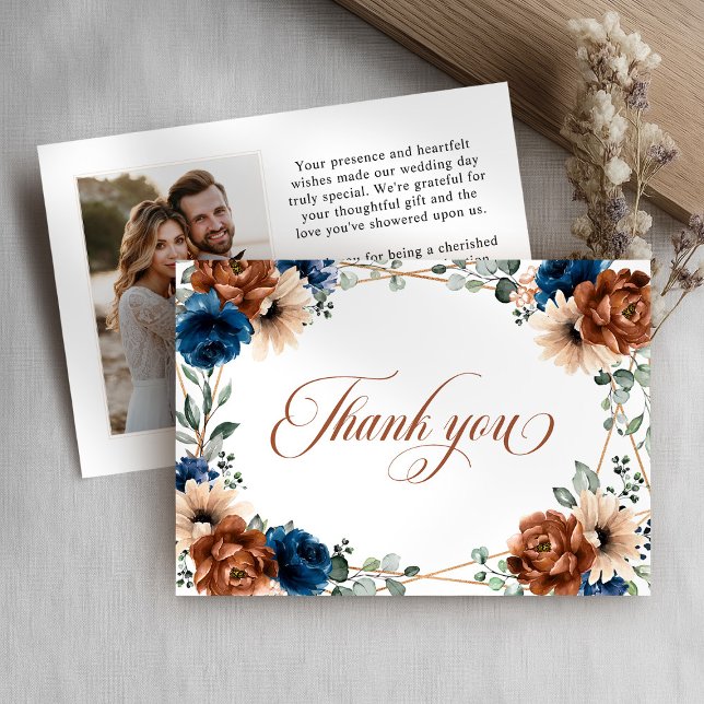Carte De Remerciements Terracotta Marine Bleu Vert Mariage géométrique (Terracotta Navy Blue Greenery Geometric Wedding Thank You Card)