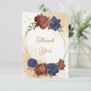 Carte De Remerciements terre cuite bleu marine fleuri mariage