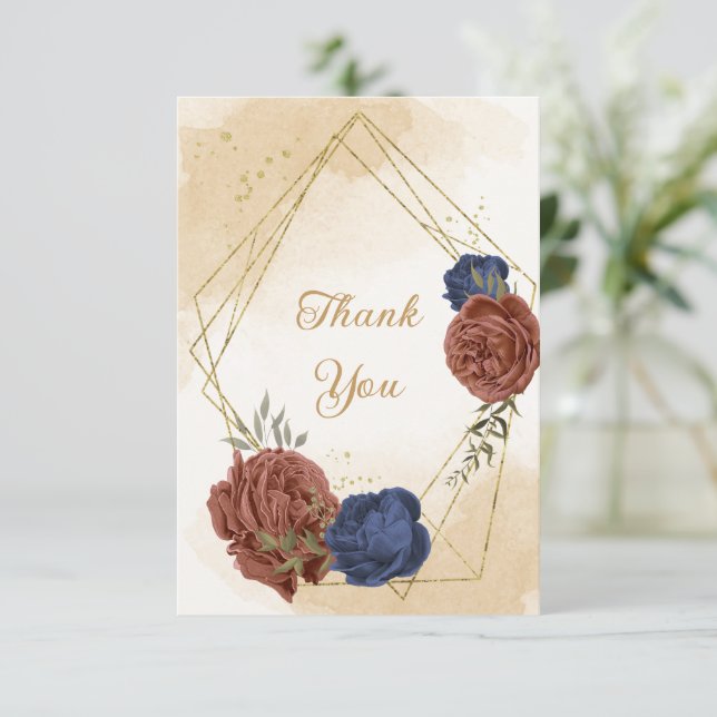 Carte De Remerciements terre cuite bleu marine fleuri mariage (Debout devant)
